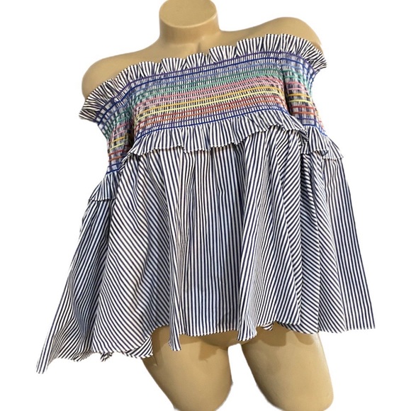 Petersyn Davenport Blue Stripe Smocked Top Shirt Off Shoulder XS NEW NWT - Picture 5 of 6